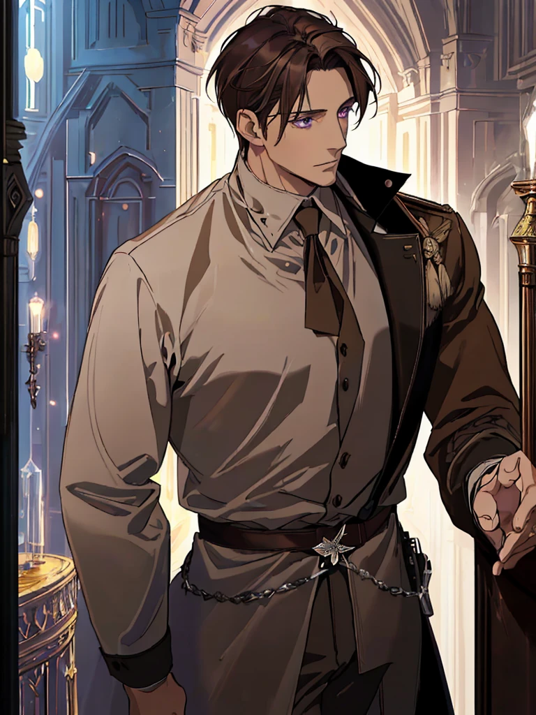 (Best quality),adult, age 38 years old, 1 manly, male, mature, very tall, elegant, (((very short dark light brown hair))), violet eyes, perfect eyes, light brown hair, medieval fantasy style, richly textured background, soft lighting, portrait style, painting style, deep colors, half body, perfect, half body, big body