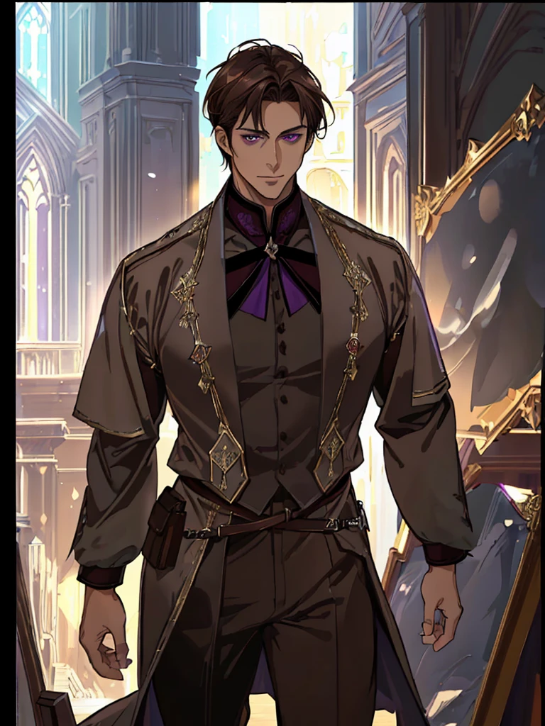 (Best quality),adult, age 38 years old, 1 manly, male, mature, very tall, elegant, (((very short dark light brown hair))), violet eyes, perfect eyes, light brown hair, medieval fantasy style, richly textured background, soft lighting, portrait style, painting style, deep colors, half body, perfect, half body, big body