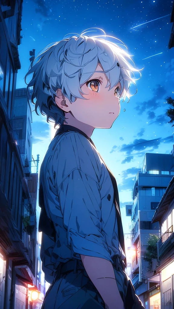 A half-body portrait of a  boy with Smoky white hair, brown eyes ,wearing black suit.black tone, look back at the half-body image. look back. city view at night