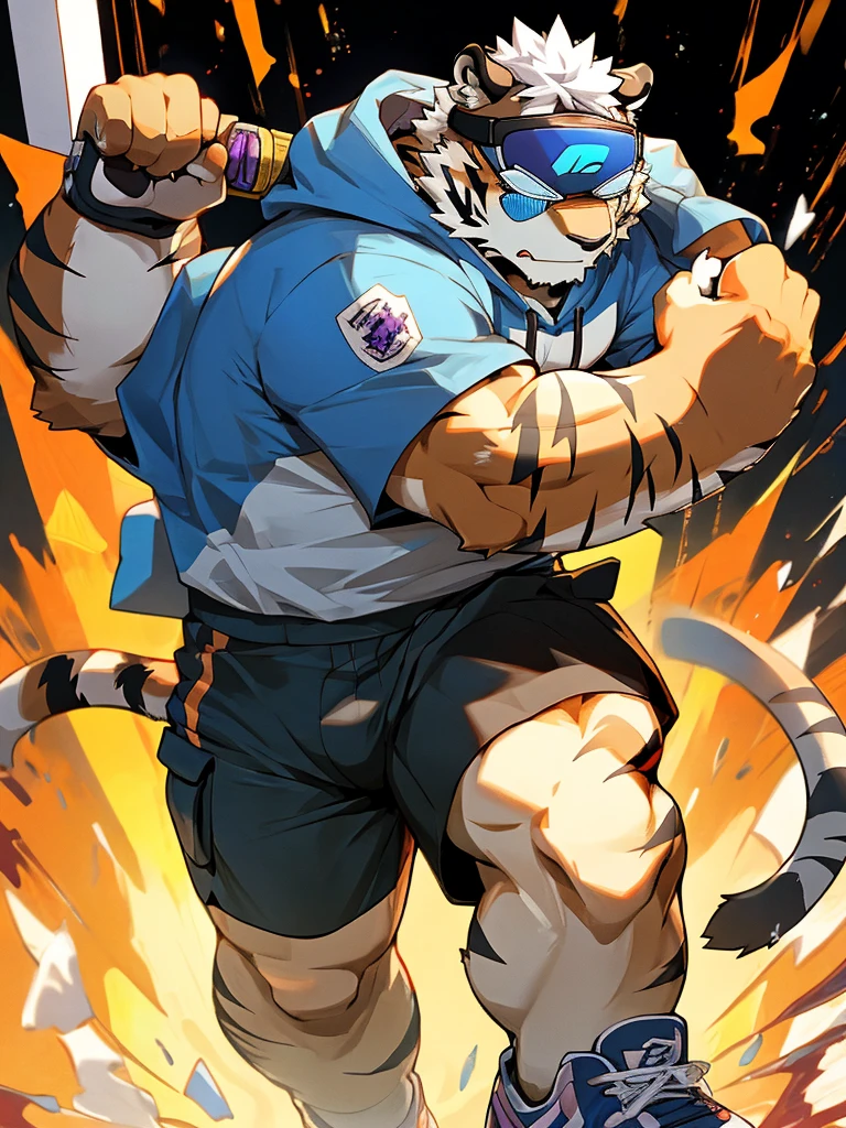 New Jersey 5 Hairy, masterpiece, high quality, anime, detailed eyes, male kosutora, anthro, tiger, Great physique, strong arms manly, (((orange tiger))), (((white hair))), goatee, white eyebrows, detailed purple eyes, tall, Joyful, (dark blue short hoodie), (((shorts cargo))), sport shoes, by zixiong, red katana sword, (((visor sunglasses))), action pose,
