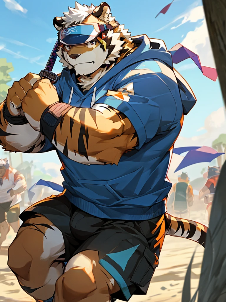 New Jersey 5 Hairy, masterpiece, high quality, anime, detailed eyes, male kosutora, anthro, tiger, Great physique, strong arms manly, (((orange tiger))), (((white hair))), goatee, white eyebrows, detailed purple eyes, tall, Joyful, (dark blue short hoodie), (((shorts cargo))), sport shoes, by zixiong, red katana sword, (((visor sunglasses))), action pose,