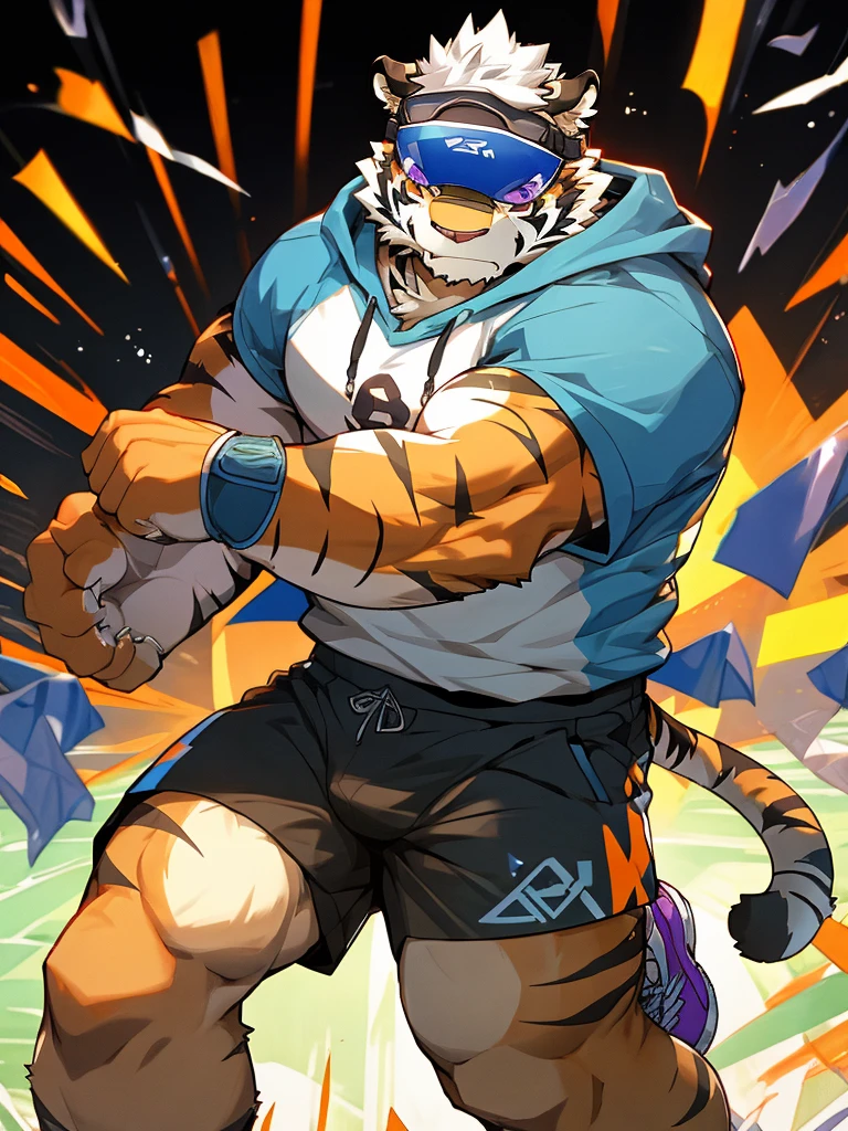 New Jersey 5 Hairy, masterpiece, high quality, anime, detailed eyes, male kosutora, anthro, tiger, Great physique, strong arms manly, (((orange tiger))), (((white hair))), goatee, white eyebrows, detailed purple eyes, tall, Joyful, (dark blue short hoodie), (((shorts cargo))), sport shoes, by zixiong, red katana sword, (((visor sunglasses))), action pose,