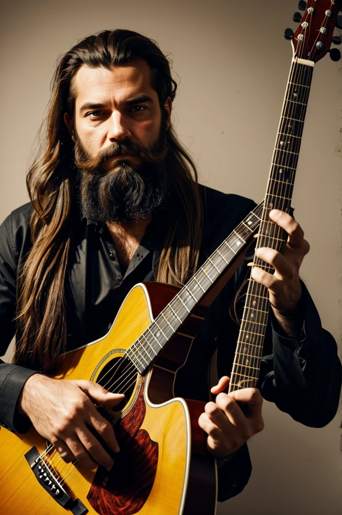 Generates the shadow against the light of a man with a beard and long hair tied up, with a guitar as a presentation image 