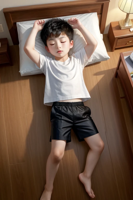 a chinese young boy, 6-years old, sleeping in wooden bed, full body front/top view, white shirt and blac shorts, arms and legs open
