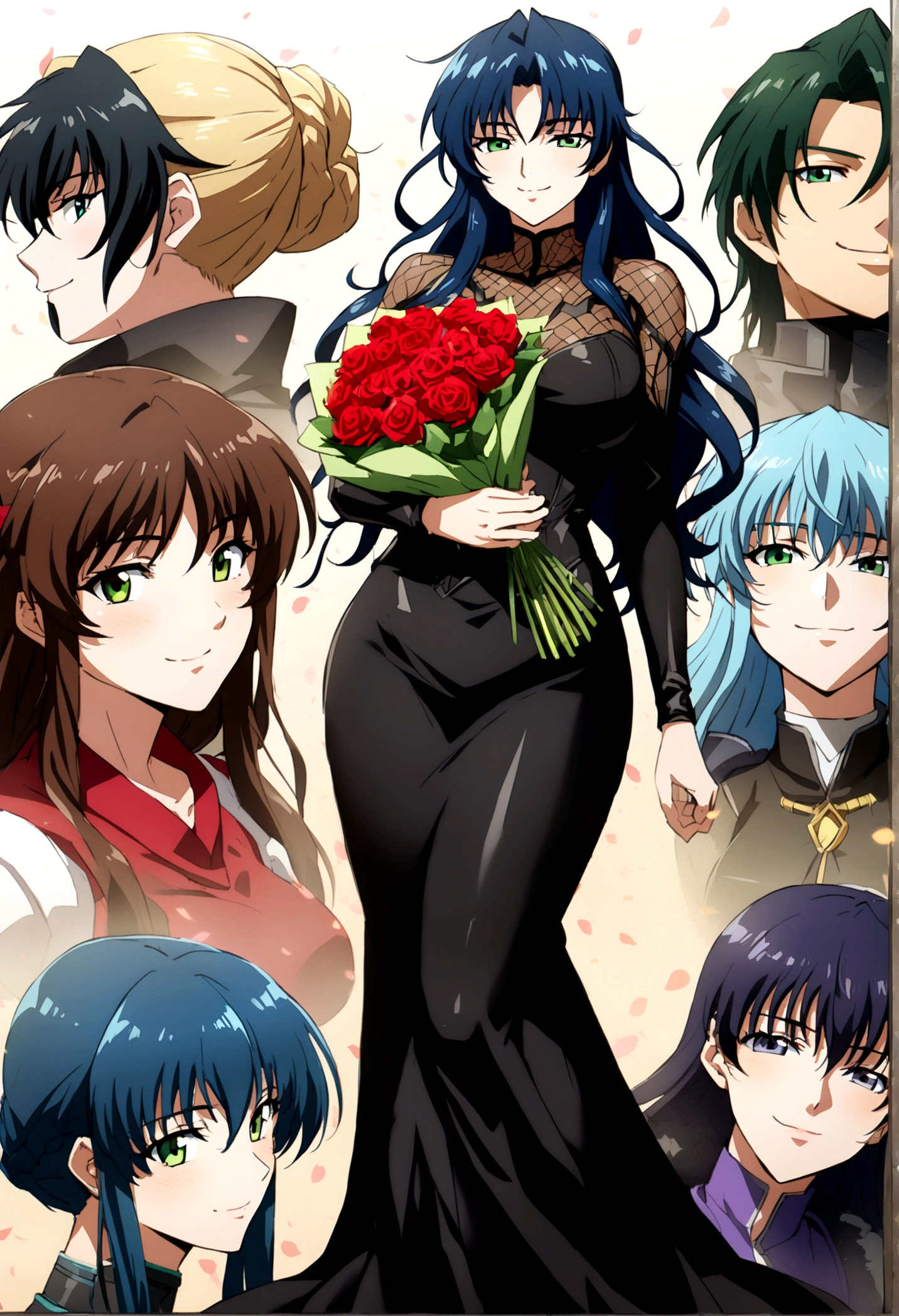 Large Breasts, anime girl with blue hair and green eyes long haired, misato katsuragi, portrait knights of zodiac girl, fubuki, kusanagi, inspired by Rei Kamoi, nico robin, ikki tousen, knights of zodiac girl, juri misaki, gainax anime style, close view 8K,HD,Wallpaper masterpiece 1.3, large ass, front view, looking at viewer, holding a bouquet of roses, wearing a fully black wedding dress, smiling. Happy, full body