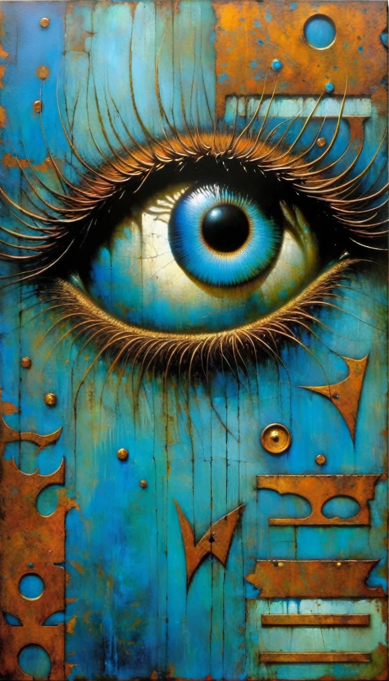 cartel blue rusty metallic word, eyes come out of sign, word: "VICTOR" (Dave Mckean inspired art, intricate details, oil painting)