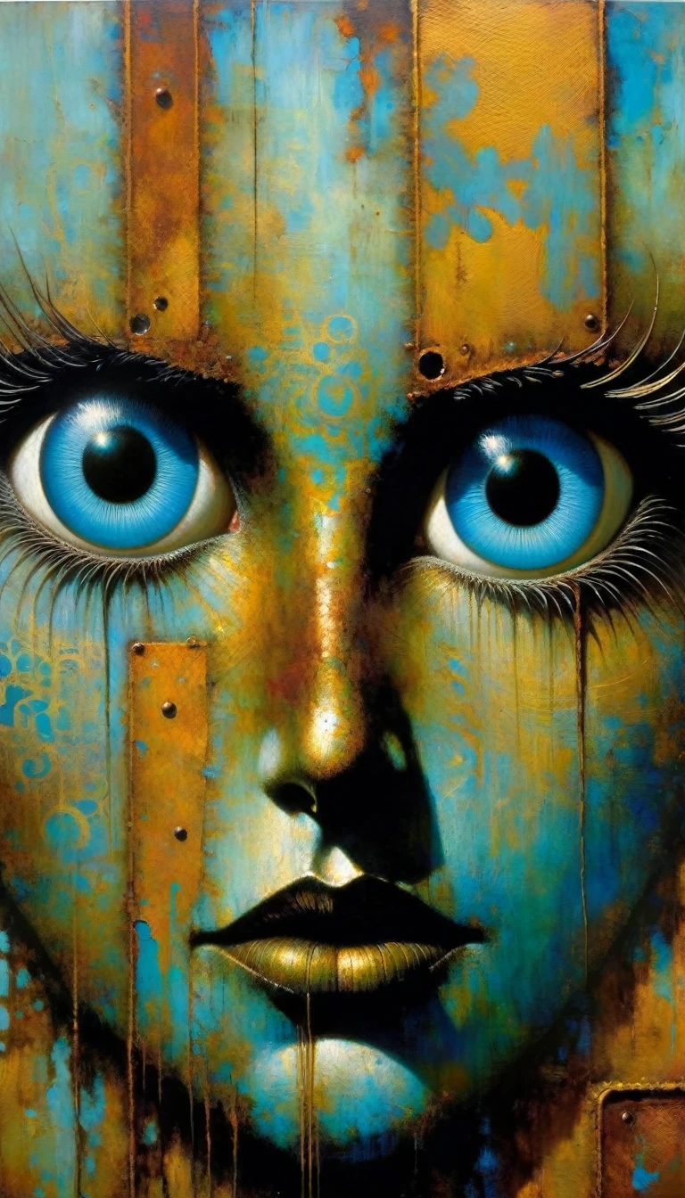 cartel blue rusty metallic word, eyes come out of sign, word: "VICTOR" (Dave Mckean inspired art, intricate details, oil painting)
