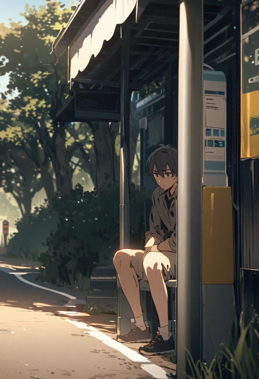 A boy sitting sadly at a bus stop near the road
