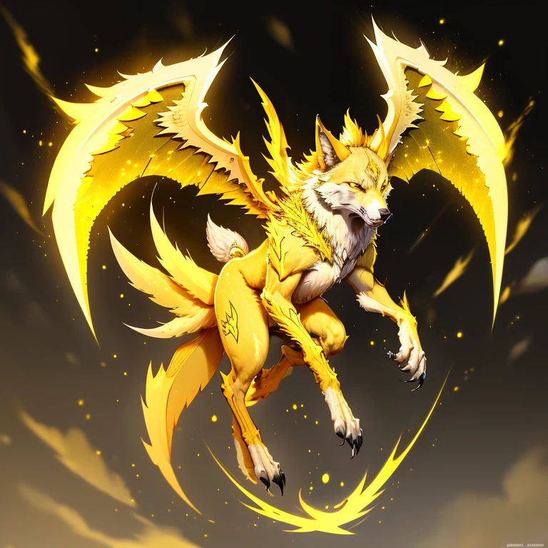 (1 wolf) full body, a white eyed yellow wolf, a winged four pointy ears yellow wolf with yellow lightning, yellow spike feathers, yellow spike wings, yellow energy around, yellow thunderstorm background, yellow electricity