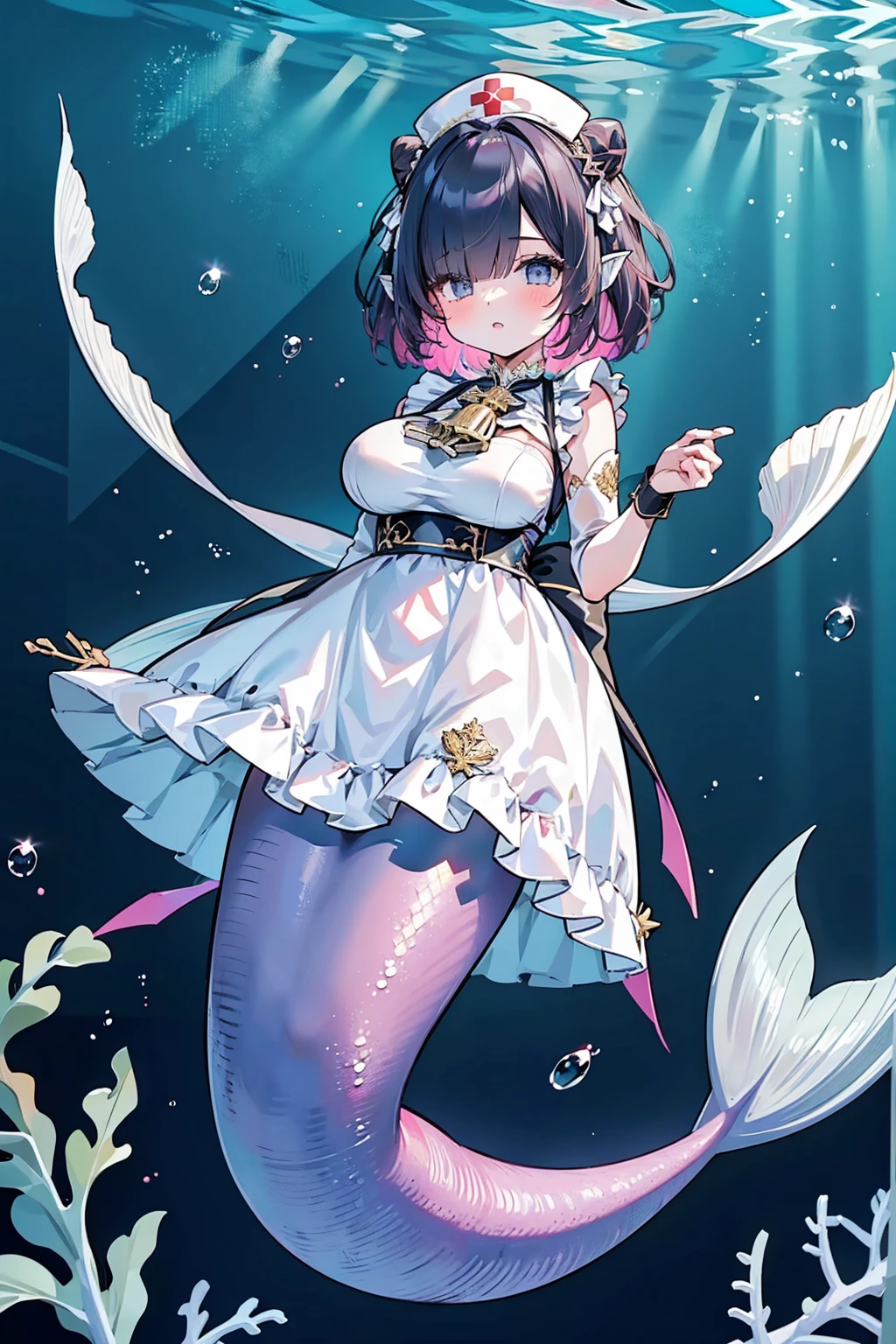 masterpiece, best quality,(perfect five fingers,The best ratio of four fingers and a thumb),A girl,short hair,Hair covers one eye, cone hair bun,Nurse hat,White Dress,White gloves,dress without sleeve,Large Breasts,Hair accessories,Head fin,Mermaid,粉色的Mermaid尾巴,Bangs,full-body shot,seabed,Underwater,Ocean background