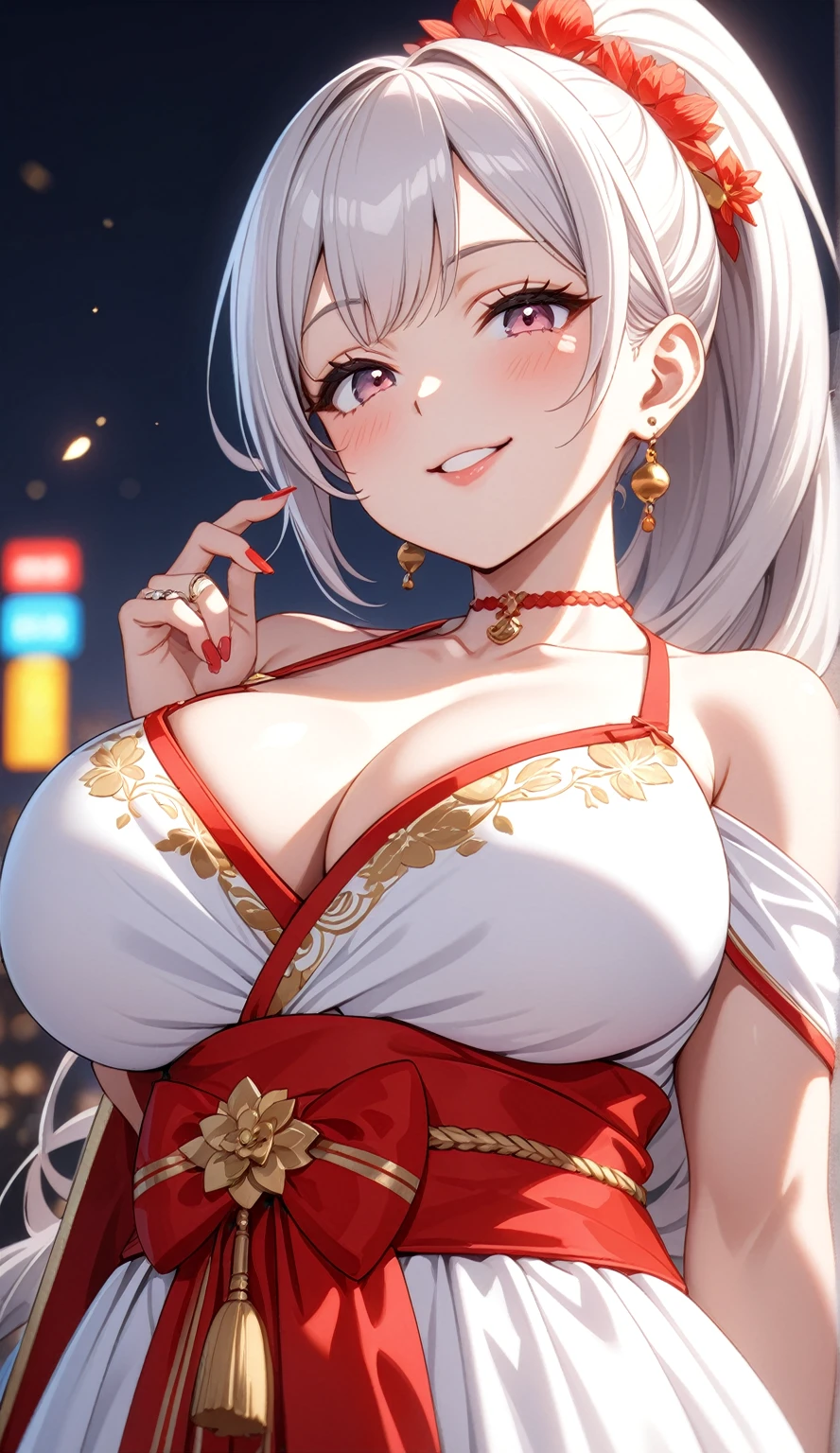 ((One personの女性)), Beautiful Face,((smile)),((Wink:1.9)),((Touching lips)), 口を大きく開けてsmile,((Bright red cheeks:1.4)),Shiny red lips,night,rooftop,Festive decorations,You can see the ocean, firework,口を開けてsmile,Glossy pink lips,Facial Lighting,((Anime style background)),masterpiece, Highest quality, so beautiful,Latest, Complex details, (Pink long nails),(ring),(bracelet),(choker),AI-generated, Complex,High resolution, Highest quality, super high quality,3D Images、3D Images,One person,Long white hair,High Ponytail,(Pale eyes),Anime woman posing for a photo, ((fine grain、Silver-white colorful eyes、Shining Eyes:1.4)),(Squint your eyes:1.1),a hyperRealistic , hyperRealistic , Realistic,Long white hairのアニメ女性, Smooth anime CG art, A woman in a colorful kimono with gold embroidery, (black furisode),Red floral pattern,Long flower hair ornament,big floral earrings,Mature Body,(Big Breasts:1.1),expensive,Abdominal muscles,Tight waist,(Zoom up to face:1.7),Shooting from diagonally below