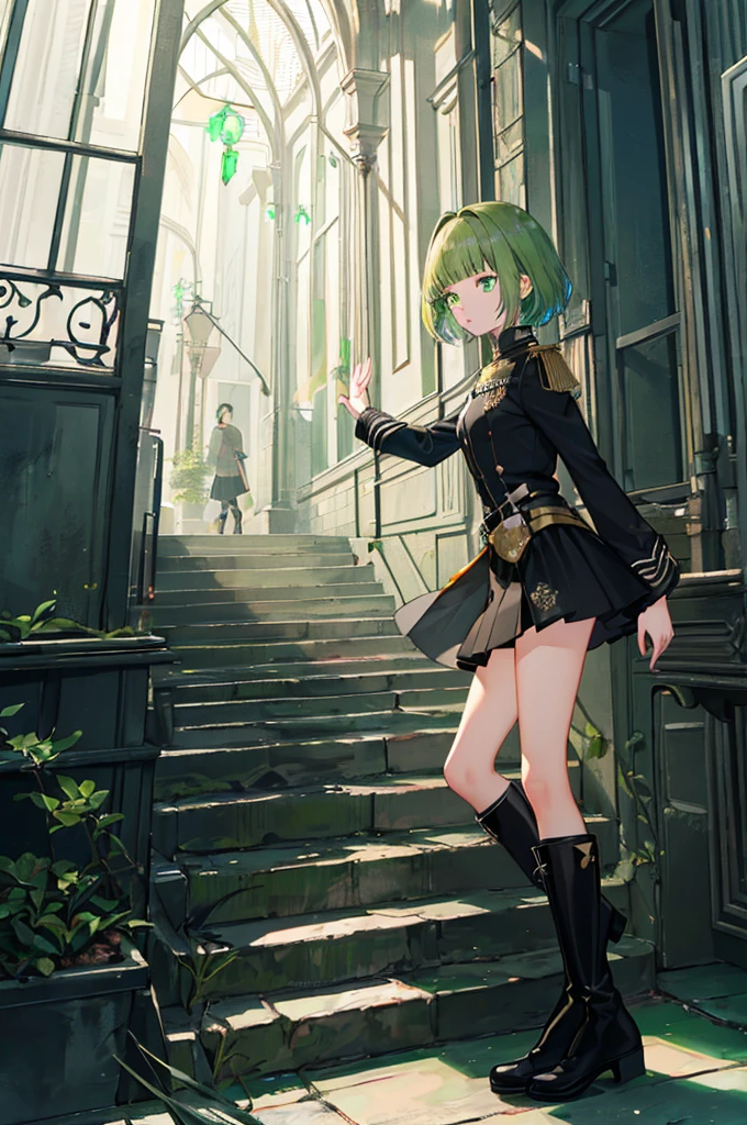 [(with a cathedral background:1.4)::5],original,(shape:1.1),(highest quality),(Tabletop:1.1),(Highly detailed CG Unity 8k wallpaper:1.1), (colorful:0.9),(Mid Shot:0.95),(very detailed beautiful whole body),Dynamic Angle,(alone:1.2), (girl),(((Adult))), (Beautiful eyes in every detail:1.15), (Beautiful Face:1.15), (Glowing green eyes:1.25////),(Gemstone Eyes),(Green Short Hair),(Blunt bangs),((The girl wear a black knight uniform)),Realistic,, girl,Green Hair,((Black long boots)), Black mini skirt,Black knee socks(rage),(Contempt and contempt),rage,(beautiful slender girl),((Adult)),((whole body)),Valkyrie, Decorations,((Thin legs)),((slender girl)),Front Angle,Front Angle,