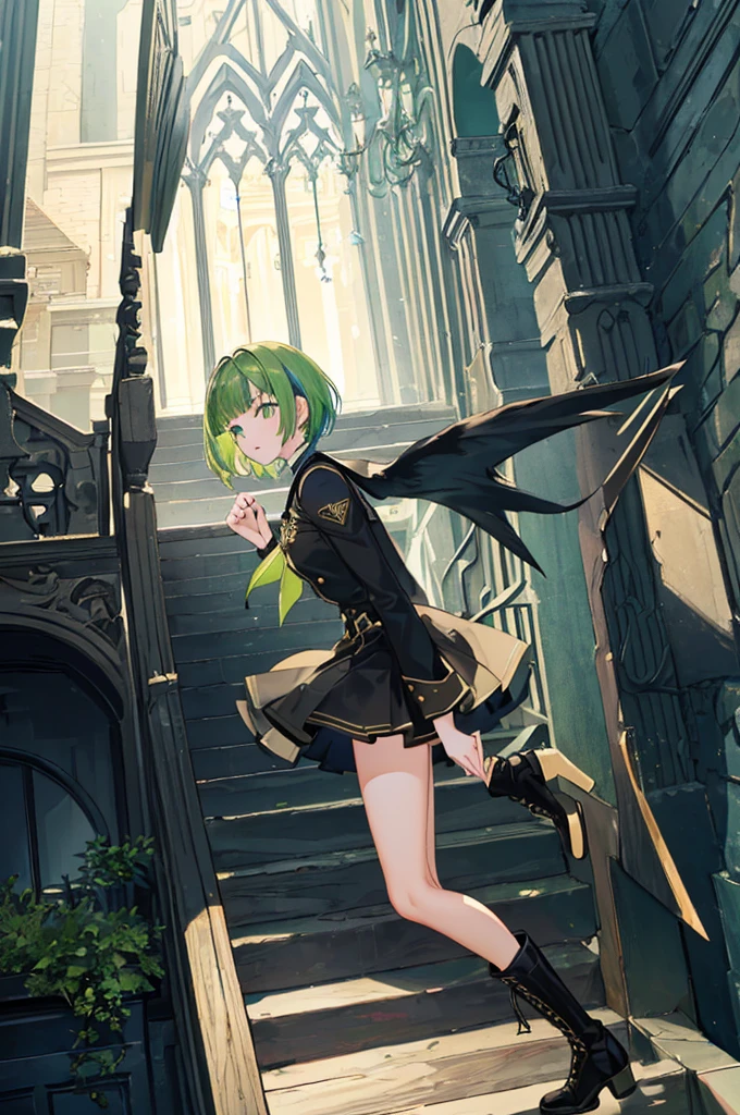 [(with a cathedral background:1.4)::5],original,(shape:1.1),(highest quality),(Tabletop:1.1),(Highly detailed CG Unity 8k wallpaper:1.1), (colorful:0.9),(Mid Shot:0.95),(very detailed beautiful whole body),Dynamic Angle,(alone:1.2), (girl),(((Adult))), (Beautiful eyes in every detail:1.15), (Beautiful Face:1.15), (Glowing green eyes:1.25////),(Gemstone Eyes),(Green Short Hair),(Blunt bangs),((The girl wear a black knight uniform)),Realistic,, girl,Green Hair,((Black long boots)), Black mini skirt,Black knee socks(rage),(Contempt and contempt),rage,(beautiful slender girl),((Adult)),((whole body)),Valkyrie, Decorations,((Thin legs)),((slender girl)),Front Angle,Front Angle,