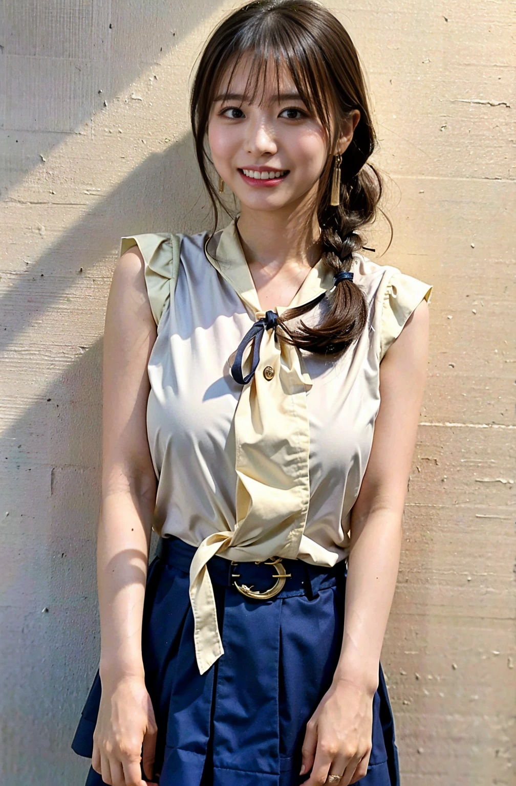 （（Cream hair color、砂浜でsmileで撮影:1.4））、Sleeveless、Outdoor shots、Cute clothes、Tie your hair、Cream hair color、Leather Belt、Her huge breasts are obvious even through her clothes..、Small earrings、Light brown hair color、Tie your hair:1.4））、Shiny Hair、Light beige hair color、Background Blur、Braid only the front hair、Light brown hair、｛｛Cowgirl Shot｝｝、（（Close-up shot from the waist up、Big Breasts:1.4））、Big Breasts、にっこりsmile、Silk clothing、服からでも分かるBig Breasts、Braid only the front hair、Cowboy Shot、A gorgeous white collared silk shirt and a brown skirt、Elegant attire、Luxury Bags、素敵なsmile、（（Revealing clothing））、Full body photo、ring、Short skirt、Tuck your hair behind one ear、Silver Necklace、smile、 Elegant ponytail、Caustics、Highly detailed photos、Very beautiful and ideal short hair、Big Breasts、Super no makeup、(8K、RAW Photos、Highest quality、masterpiece:1.2)、(Realistic、Realistic)、1 Girl、((Big Breastsショートヘア、Looking into the camera:1.4))、Hair blowing in the wind
