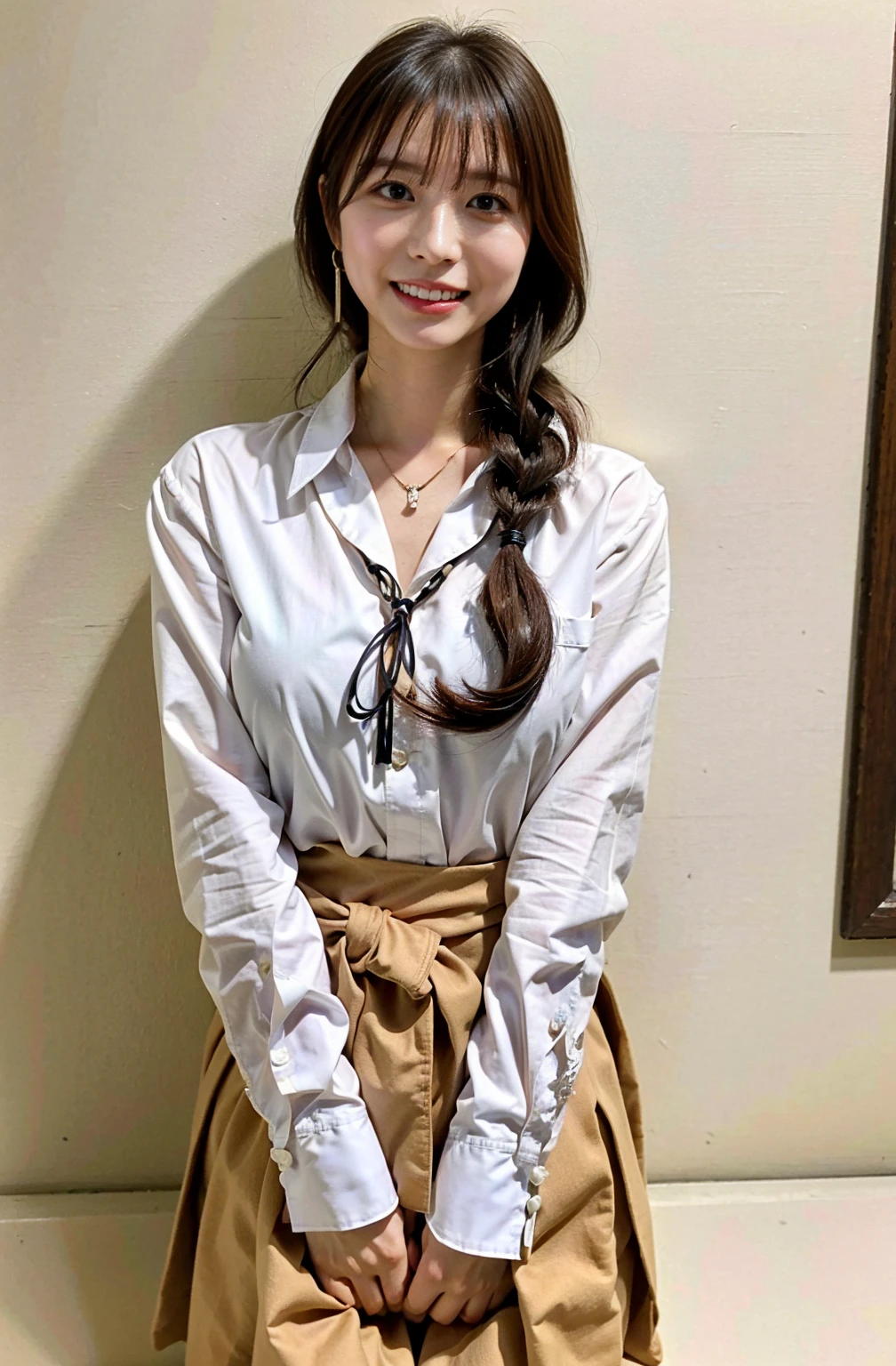 （（Cream hair color、砂浜でsmileで撮影:1.4））、Sleeveless、Outdoor shots、Cute clothes、Tie your hair、Cream hair color、Leather Belt、Her huge breasts are obvious even through her clothes..、Small earrings、Light brown hair color、Tie your hair:1.4））、Shiny Hair、Light beige hair color、Background Blur、Braid only the front hair、Light brown hair、｛｛Cowgirl Shot｝｝、（（Close-up shot from the waist up、Big Breasts:1.4））、Big Breasts、にっこりsmile、Silk clothing、服からでも分かるBig Breasts、Braid only the front hair、Cowboy Shot、A gorgeous white collared silk shirt and a brown skirt、Elegant attire、Luxury Bags、素敵なsmile、（（Revealing clothing））、Full body photo、ring、Short skirt、Tuck your hair behind one ear、Silver Necklace、smile、 Elegant ponytail、Caustics、Highly detailed photos、Very beautiful and ideal short hair、Big Breasts、Super no makeup、(8K、RAW Photos、Highest quality、masterpiece:1.2)、(Realistic、Realistic)、1 Girl、((Big Breastsショートヘア、Looking into the camera:1.4))、Hair blowing in the wind
