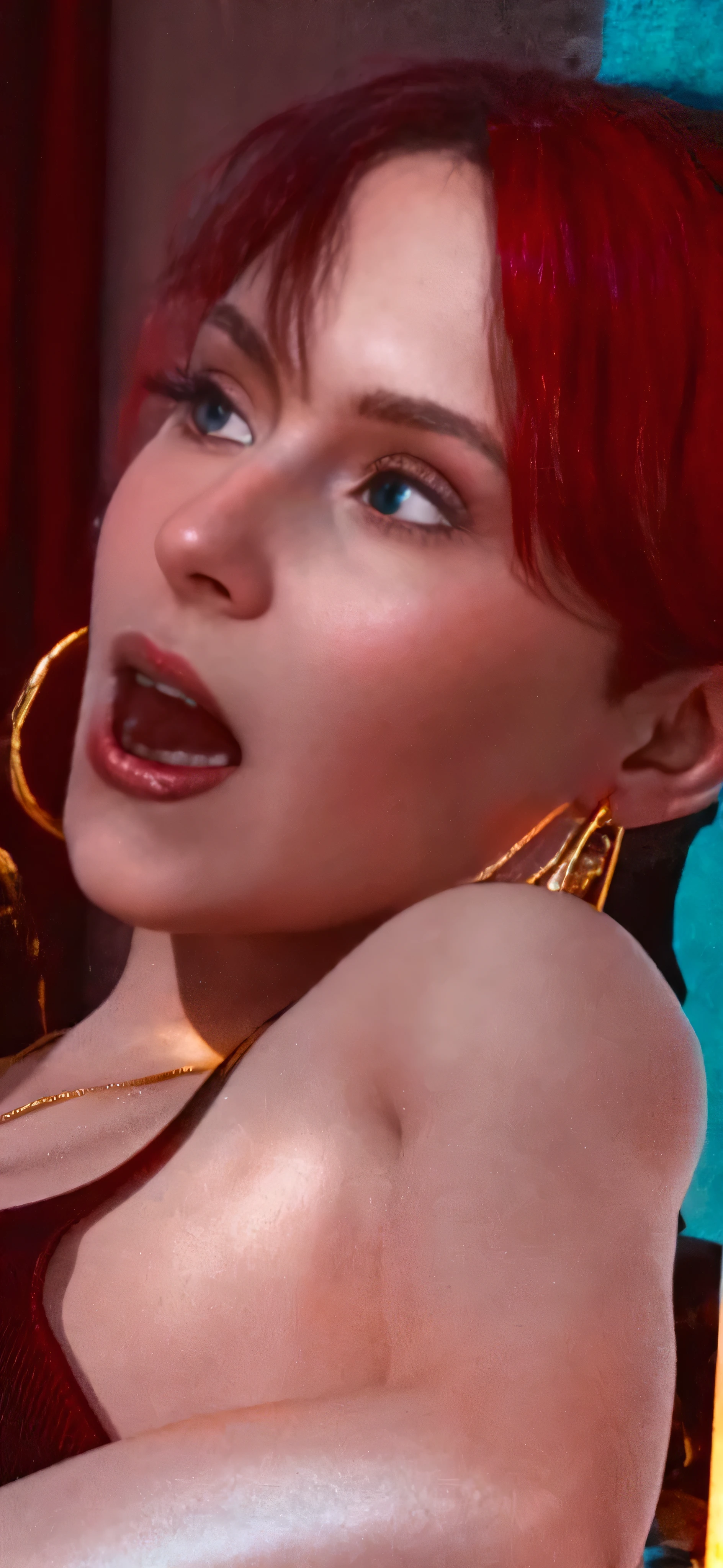 there is a woman that is laying down in the water, 8 k sensual lighting, red and cinematic lighting, volumetric dramatic lighting, cinematic red lighting, cinematic volumentric lighting,neck zoomed in from lips down, close up face, close up at face, closeup. mouth open, stunning closeupheadshot, face close up, sexy lips, facial closeup, huge juicy lips, closeup shot of face, close up of face, luscious lips, closeup face, big juicy lips