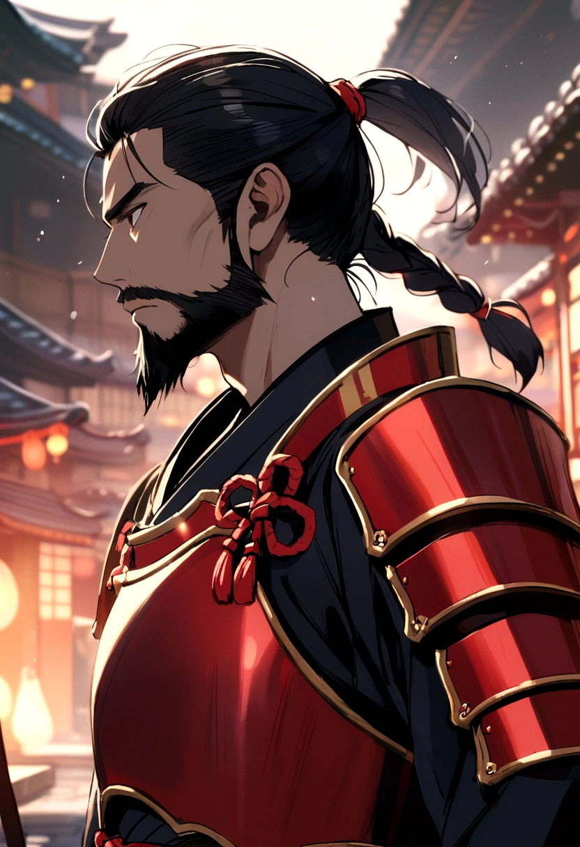 samurai with red armor, black fur, short black beard, braided black hair tied in a ponytail
