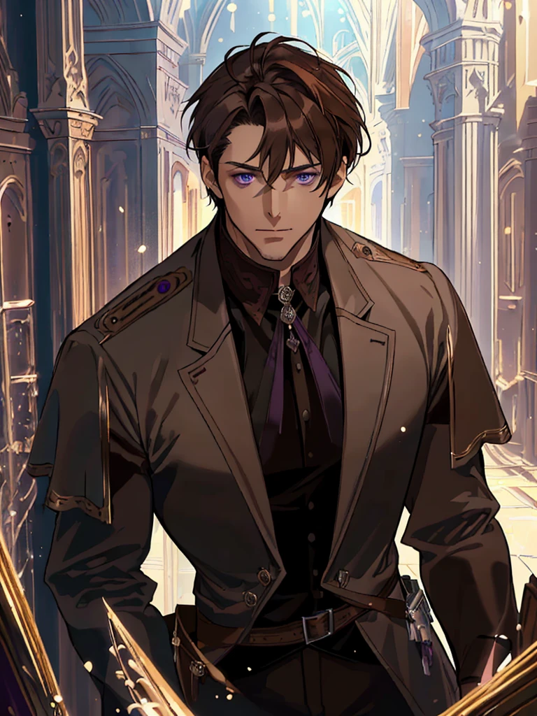 (Best quality),adult, age 38 years old, 1 manly, male, mature, very tall, elegant, (((very short dark light brown hair))), violet eyes, perfect eyes, light brown hair, medieval fantasy style, richly textured background, soft lighting, portrait style, painting style, deep colors, half body, perfect, half body, big body