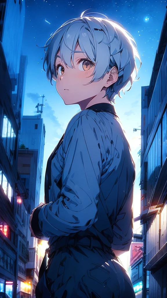 A half-body portrait of a  man with Smoky white hair, brown eyes ,wearing black suit.black tone, look back at the half-body image. look back. city view at night