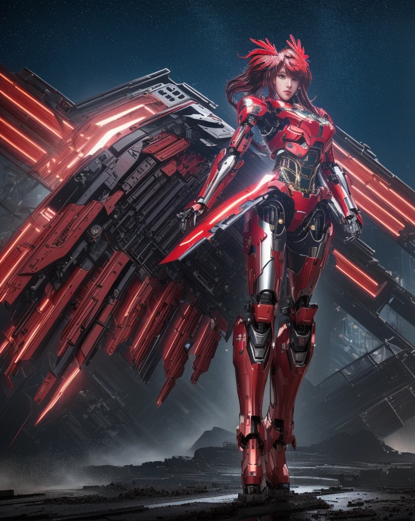 Super Detail, High Detail, high quality, best quality, High resolution,1 female robot,Beautiful female robot,beautiful clear face(Rain waves_haneame:1.5),Red Theme, Phoenix Mech, rooster head chicken head, Mecha wings, cyberpunk, best quality, masterpiece, unmanned, whole body, Mechanical wonder, strong, moon, Ruined City, Highest quality digital art, Amazing Art, Wallpaper 4k, Very detailed, military, , War Zone, Dynamic lighting, Movie, epic, Mechanical parts damage