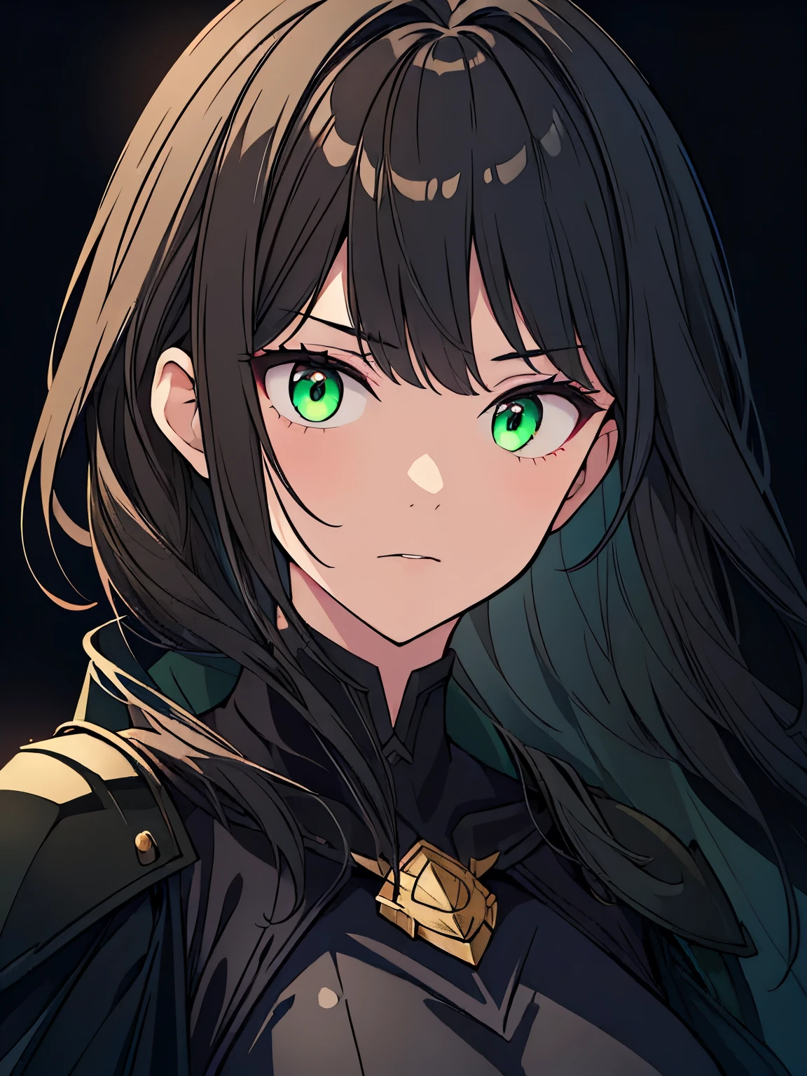 [(black background:1.5)::5], (masterpiece:1.2), (upper body:1.5), portrait. 1girl, best quality, game cg, perfect face, detailed eyes, black hair, green eyes, serious face, centered, black cape, gauntlets, black armor