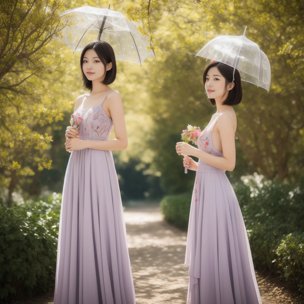 A cinematic landscape photograph featuring an elegant and charming Japanese woman. She has a slight smile and flowing blonde hair in a layered cut, gently blown by the wind. She is dressed in an intricately embroidered royal gown, adorned with a sparkling crown. She holds a transparent umbrella delicately in one hand. The setting is a beautiful garden filled with azalea trees in full bloom during autumn. The scene is enhanced with the magical effect of sky blue purple mixed gracefully creating a mesmerizing and ethereal atmosphere.