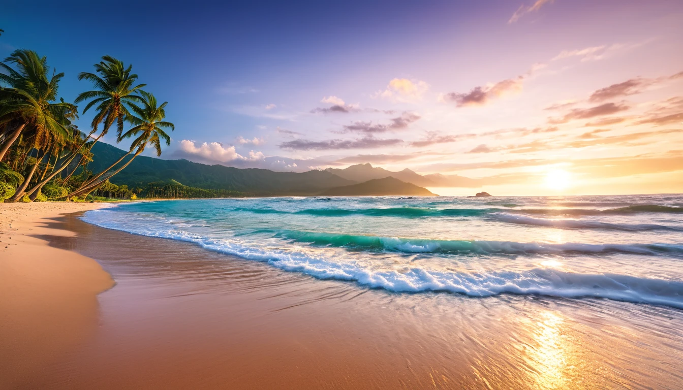 Best Quality, master piece, high resolution, Raw photo, Professional Lighting, high-level image quality, high-detail, ​masterpiece depicting stunning sunrise on tropical beach with gentle waves and palm trees along the coast。The color palette is vivid、It is necessary to convey a sense of renewal and positive energy.