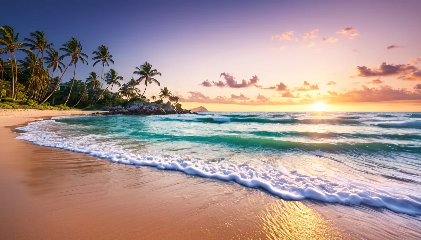 Best Quality, master piece, high resolution, Raw photo, Professional Lighting, high-level image quality, high-detail, masterpiece depicting stunning sunrise on tropical beach with gentle waves and palm trees along the coast。The color palette is vivid、It is necessary to convey a sense of renewal and positive energy.