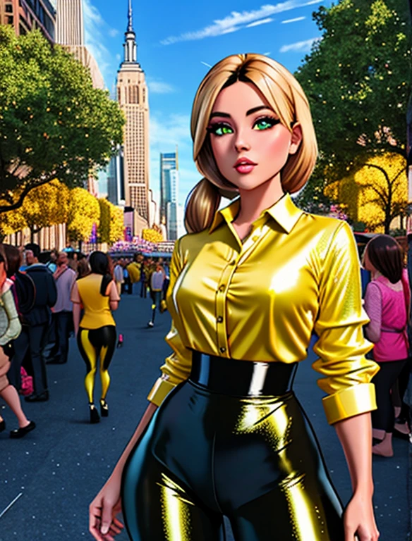 cherrmous style, illustration, detailed, masterpiece,HDR, detailed sharp, best quality, (Detailed face:1.2), (Detailed eyes:1.2), (Hourglass figure:1.2), 1girl, solo, 36-years-old, tan olive skin, short blonde hair, pony tail style, green eyes, ((Wearing a yellow blouse, shiny black leggings)), standing outside on New York streets, crowds of people on the surroundings, busy atmosphere, cinematic lighting, detailed background,