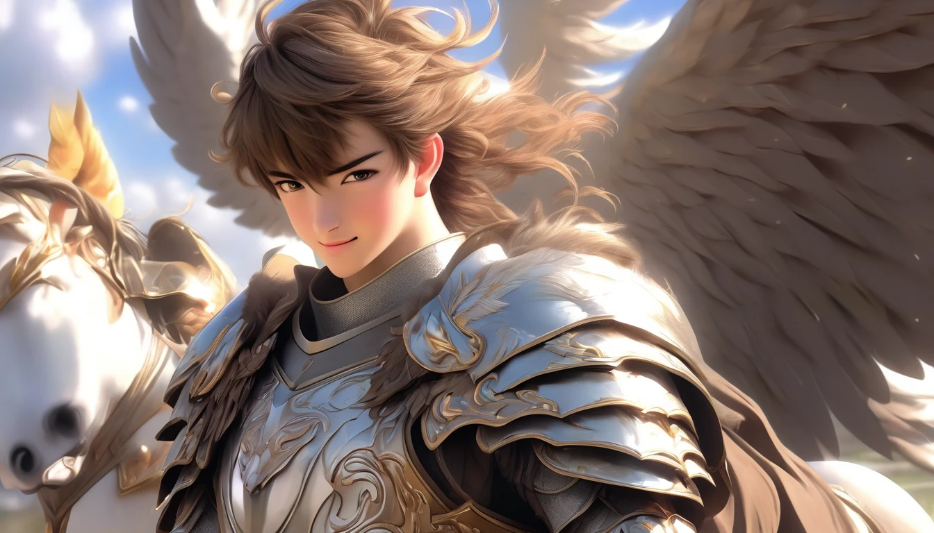 young male teen in hd alone, no nudism, japanese anime with smile wearing male mythological pegasus armor anime, ultra realistic smile at the camera bright eyes young brown hair solo man wearing armor with pegasus features in full hd