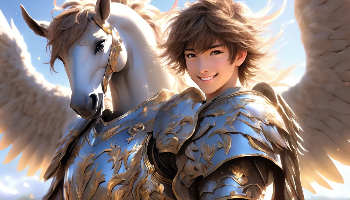 young male teen in hd alone, no nudism, japanese anime with smile wearing male mythological pegasus armor anime, ultra realistic smile at the camera bright eyes young brown hair solo man wearing armor with pegasus features in full hd