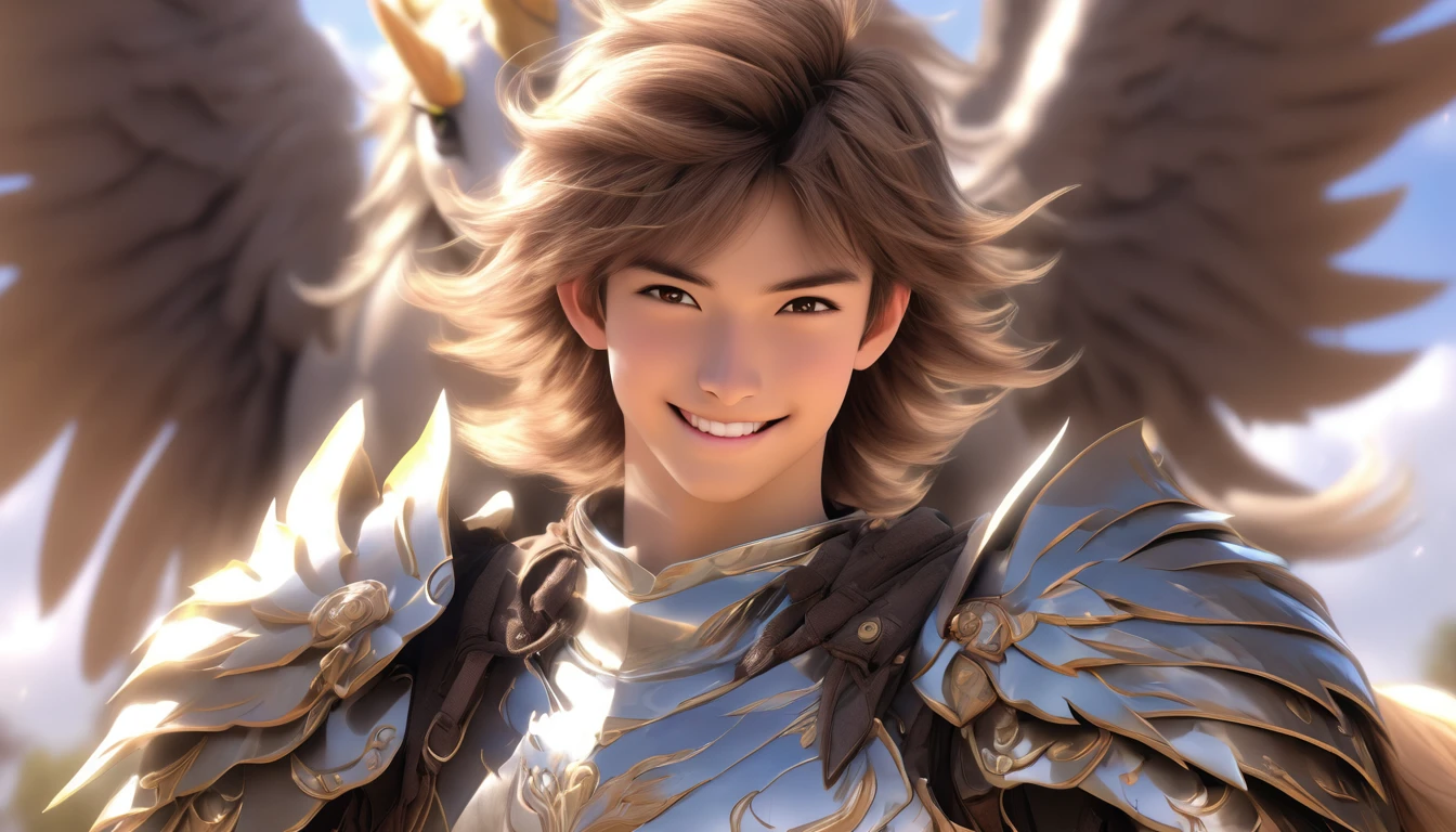 young male in hd alone, no nudism, japanese anime with smile wearing male mythological pegasus armor anime, ultra realistic smile at the camera bright eyes young brown hair solo man wearing armor with pegasus features in full hd
