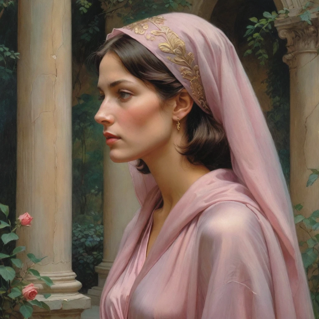 Masterpiece, ((realistic)), (propaganda poster), (((Moebius Jean Giraud))), ((((profile portrait of a veiled roman brunette woman, young, priestess, sensual, dignified, proud, arrogant, wearing silk pink and mauve robes with detailed moth, rose elements, muted colors)))), (((Corinthian columns, jungle background, moths)))