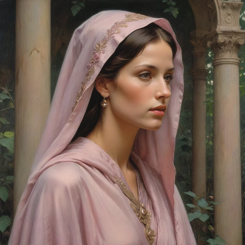 Masterpiece, ((realistic)), (propaganda poster), (((Moebius Jean Giraud))), ((((profile portrait of a veiled roman brunette woman, young, priestess, sensual, dignified, proud, arrogant, wearing silk pink and mauve with detailed moth, rose elements, muted colors)))), (((Corinthian columns, jungle background, moths)))