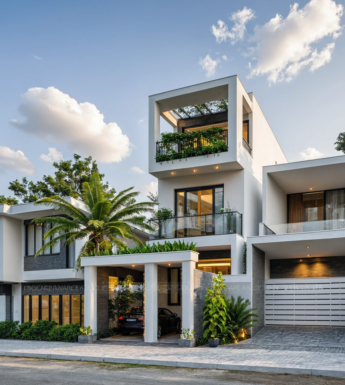Masterpiece, high quality, best quality, authentic, super detail, outdoors, threestoreyvillaXL, aiaigroup, house style modern on the street, white wall, road, pavement, grass, trees, sky, cloud, (daylight:1.1), 
