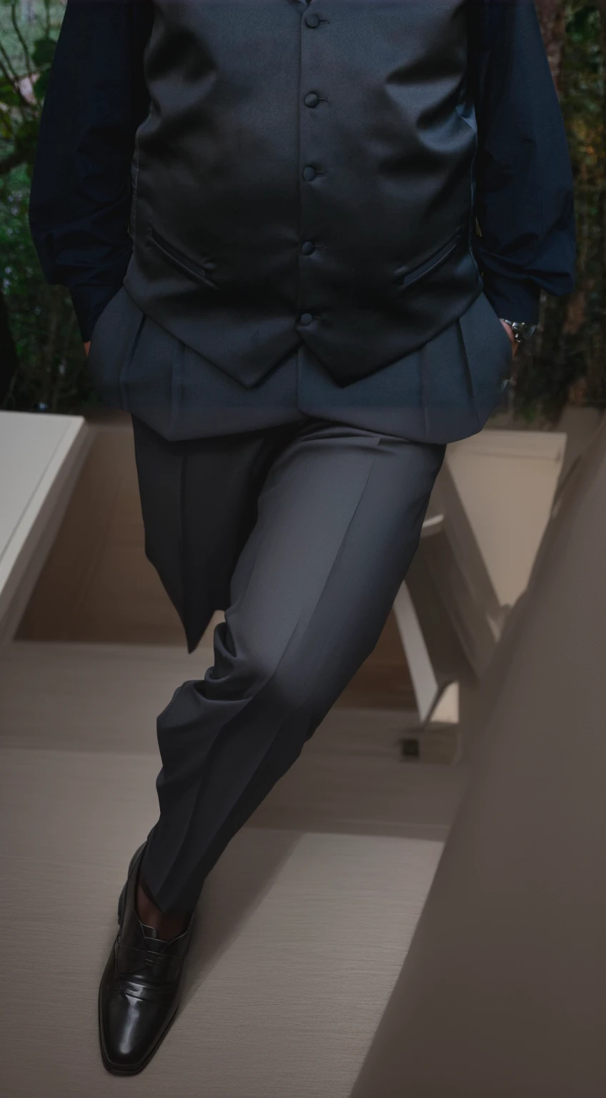 Man in suit and dress pants and black dress shoes.