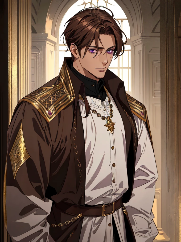 (Best quality),adult, age 38 years old, 1 manly, male, mature, very tall, elegant, (((very short dark light brown hair))), violet eyes, perfect eyes, light brown hair, medieval fantasy style, richly textured background, soft lighting, portrait style, painting style, deep colors, half body, perfect, half body, big body