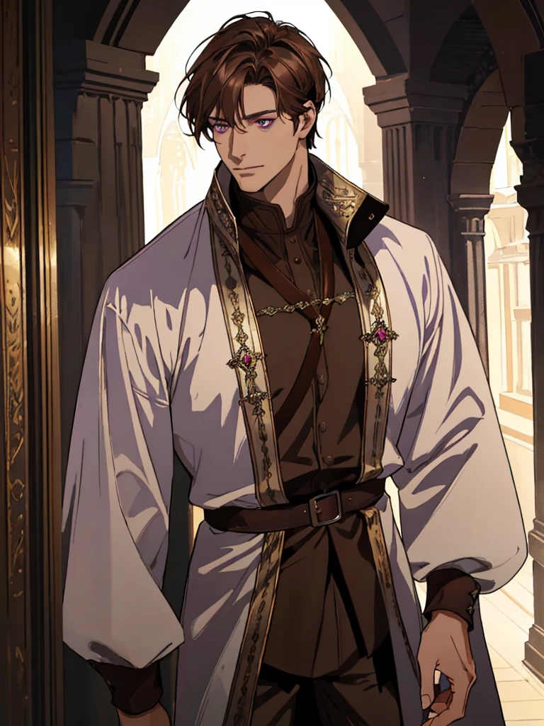 (Best quality),adult, age 38 years old, 1 manly, male, mature, very tall, elegant, (((very short dark light brown hair))), violet eyes, perfect eyes, light brown hair, medieval fantasy style, richly textured background, soft lighting, portrait style, painting style, deep colors, half body, perfect, half body, big body