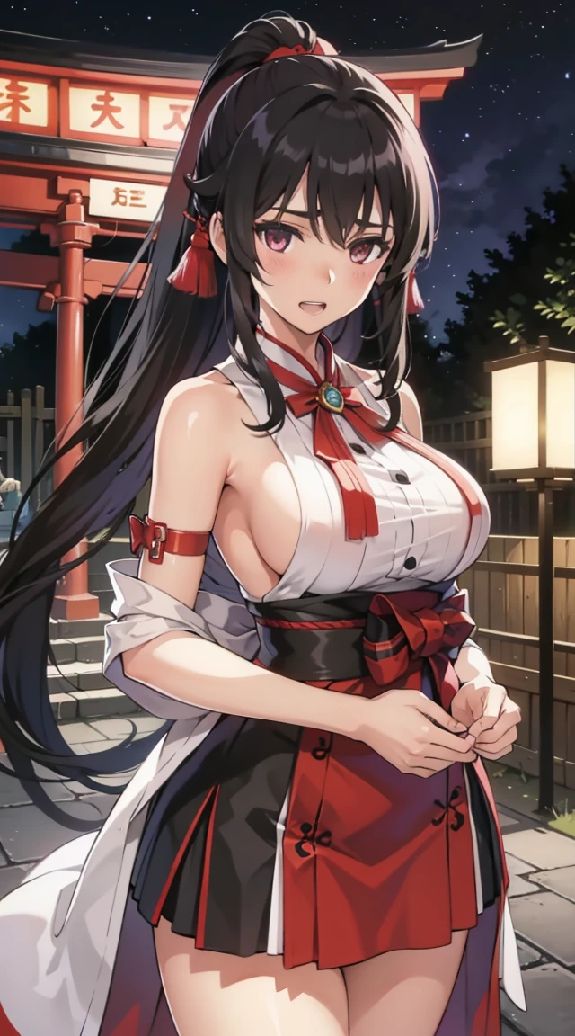 shrine maiden's ceremonial dress,Large Breasts,One girl, alone,(Mature Woman), (((Mature Woman,Adult female))),masterpiece, Highest quality, Ultra high definition, Maximum resolution, Very detailed, Beautiful Skin, anime, thin, Very sexy,Black Hair, (mini skirt),At the shrine,Happy,blush,String,Long ponytail,At night,See through,Long Hair,teeth