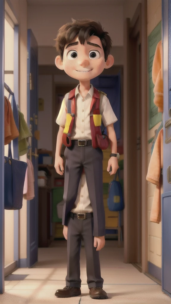 A nine-year-old boy standing in a bustling school corridor, his face filled with fear and embarrassment, vibrant colors capturing his vulnerability.