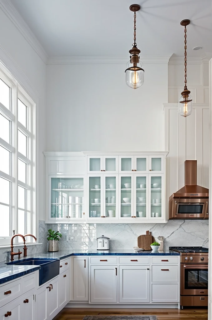 kitchen with bright white cabinets that go to the ceiling, with some upper cabinets with glass doors. The island could have a dark wood base or a contrasting color, like navy blue, with a white marble countertop. on top of the island, three industrial style pendant lamps. A vintage clock on the wall and some exposed copper utensils.