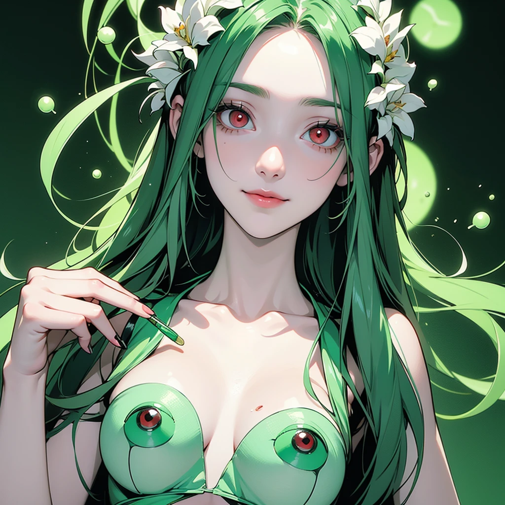 girl, holding a jar with many pharmaceutical pills, slight smile, red eyes, very pale skin, green image background and green image mask, madness and psychedelic image, various factors of madness and scrizophenia, elements of madness in the human mind