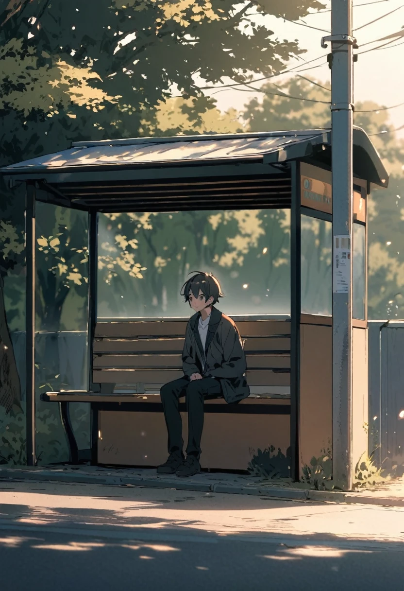A boy sitting at a bus stop near the road