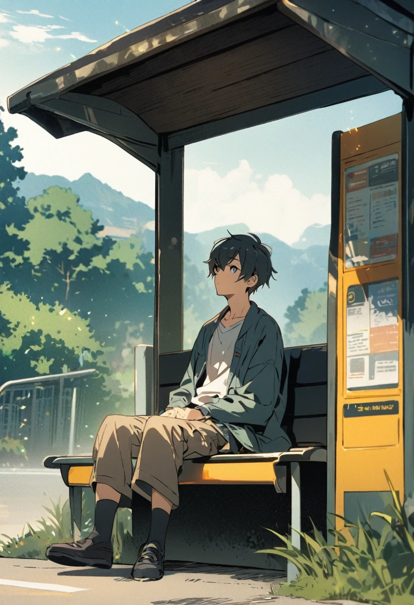 A boy sitting  at a bus stop near the road

