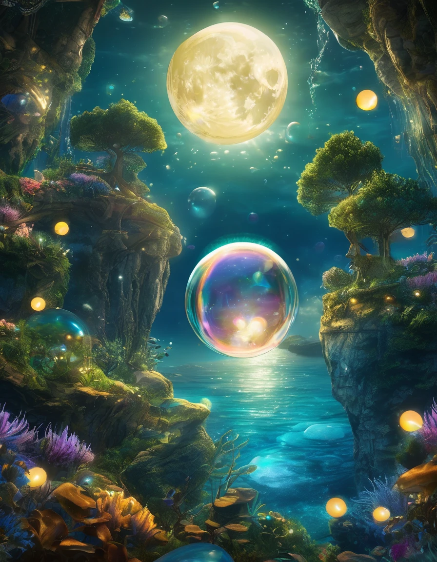 underwater, moon as a giant bubble, (high quality:1.4), (best quality:1.4), (masterpiece:1.4), official art, official wallpaper, surreal, beautiful goddess, (mystical creatures:1.1), (floating islands:1.1), (detailed landscape:1.1), (magic in the air:1.1), (stardust:1.1), night sky, (whimsical atmosphere:1.1), (dreamlike world:1.1), (bubbles:1.1), flying books, (luna moths:1.1), (moonlight:1.1), enchanted forest, (wisdom:1.1), (powerful energy:1.1), (guardian angels:1.1), (peaceful:1.1), vibrant colors, (detailed:1.05), (extremely detailed:1.06), sharp focus, (intricate:1.03), cinematic lighting, (extremely intricate:1.04), (epic scenery:1.09), (beautiful scenery:1.08), (detailed scenery:1.08), (intricate scenery:1.07), (wonderful scenery:1.05), (sharp focus, absurdres, high quality, masterpiece, highres, best quality:1.5)