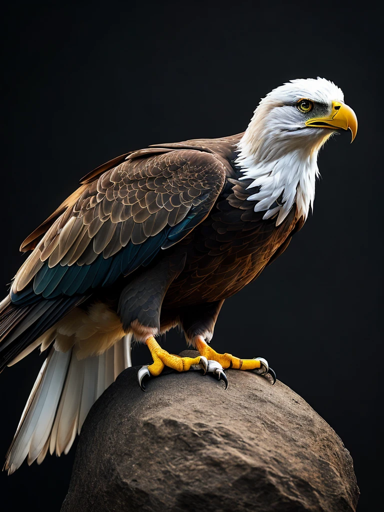 An angry eagle perched on a rock. , colorful, yang08k, photography, beautiful, black background, masterpieces, top quality, best quality, official art, beautiful and aesthetic, realistic, tattoo style