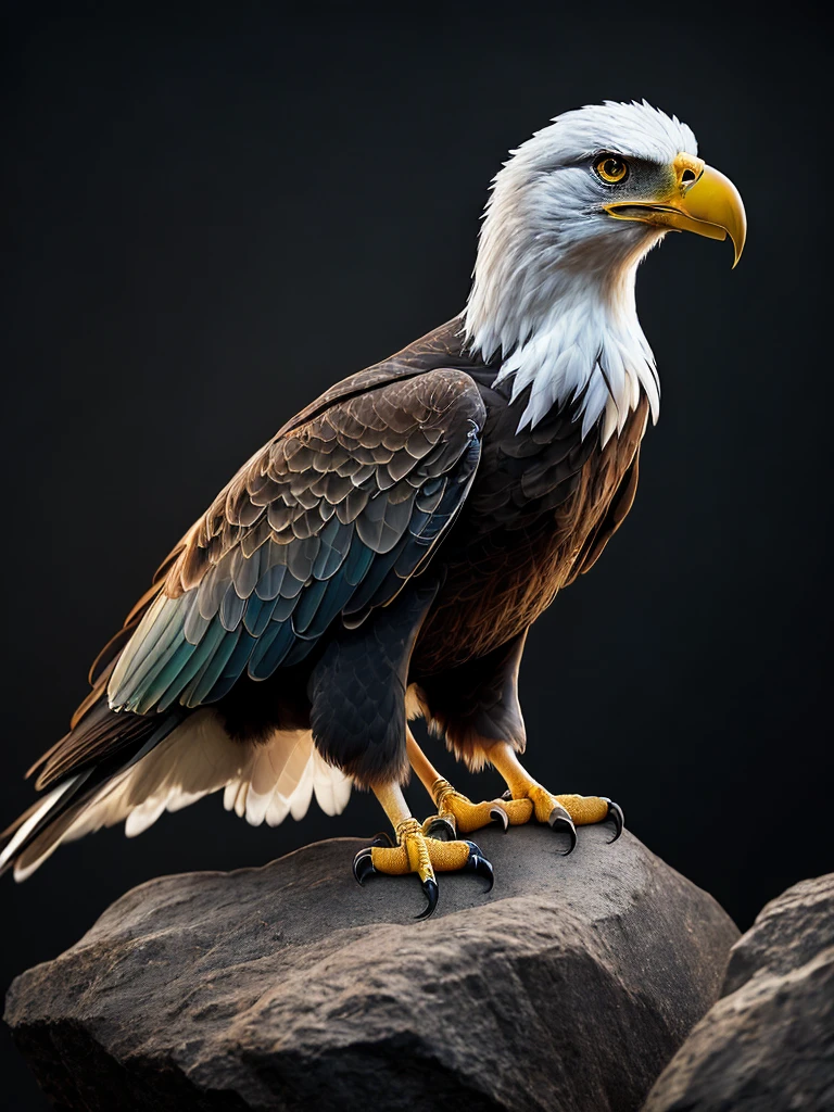 An angry eagle perched on a rock. , colorful, yang08k, photography, beautiful, black background, masterpieces, top quality, best quality, official art, beautiful and aesthetic, realistic, tattoo style