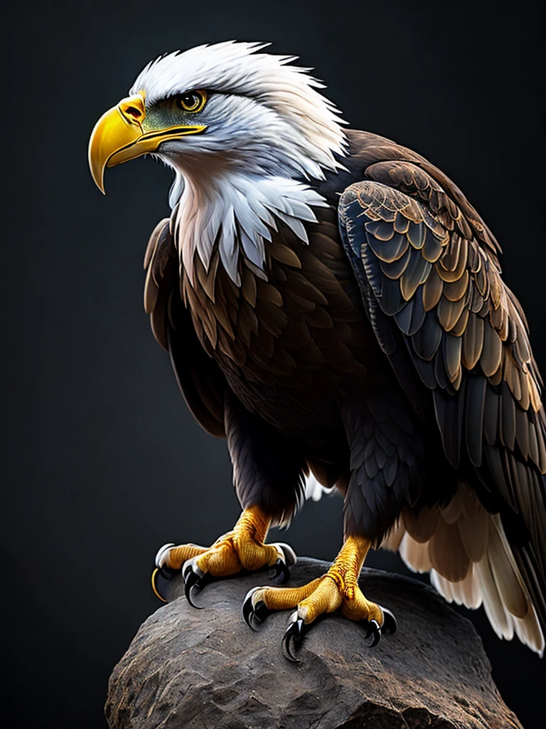 An angry eagle perched on a rock. , colorful, yang08k, photography, beautiful, black background, masterpieces, top quality, best quality, official art, beautiful and aesthetic, realistic, tattoo style