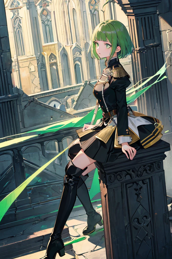 [(with a cathedral background:1.4)::5],original,(shape:1.1),(highest quality),(Tabletop:1.1),(Highly detailed CG Unity 8k wallpaper:1.1), (colorful:0.9),(Mid Shot:0.95),(very detailed beautiful whole body),Dynamic Angle,(alone:1.2), (girl),(((Adult))), (Beautiful eyes in every detail:1.15), (Beautiful Face:1.15), (Glowing green eyes:1.25////),(Gemstone Eyes),(Green Short Hair),(Blunt bangs),((The girl wear a black knight uniform)),Realistic,, girl,Green Hair,((Black long boots)), Black mini skirt,Black knee socks(rage),(Contempt and contempt),rage,(beautiful slender girl),((Adult)),((whole body)),Valkyrie, Decorations,((Thin legs)),((slender girl)),Front Angle,Front Angle,