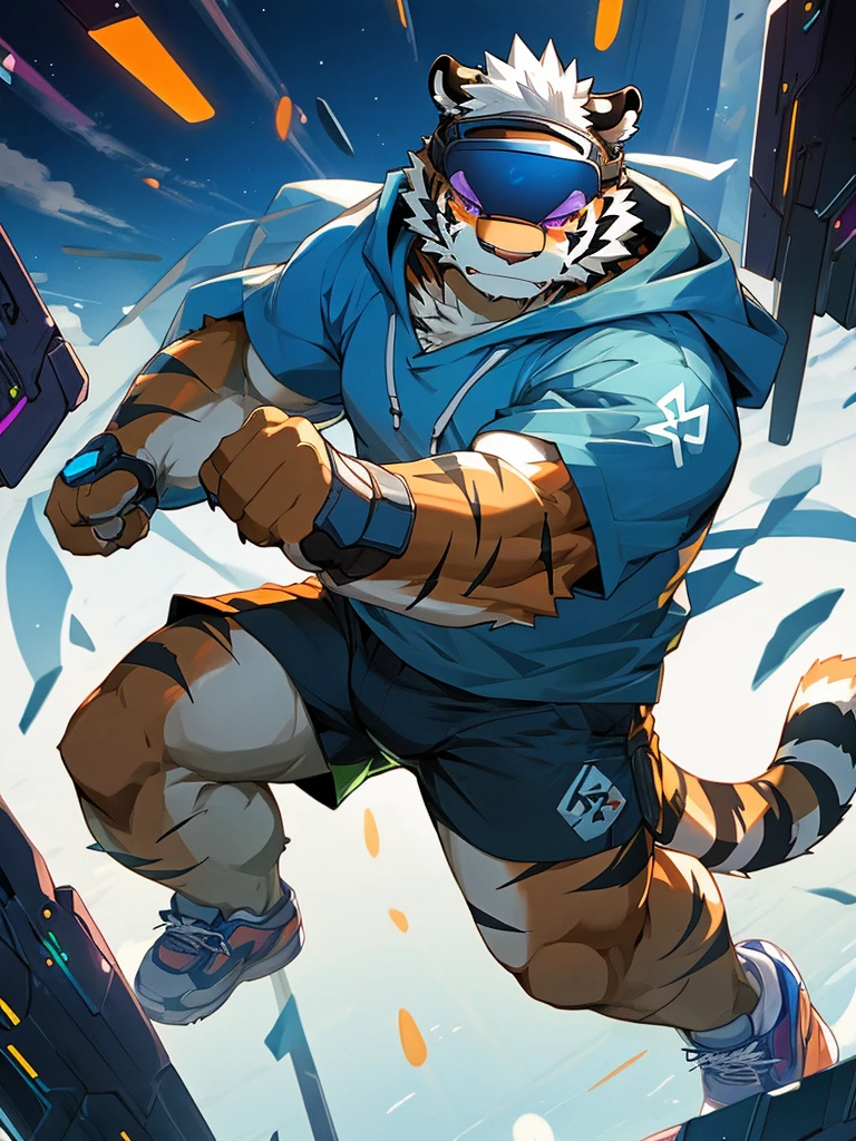 New Jersey 5 Hairy, masterpiece, high quality, anime, detailed eyes, male kosutora, anthro, tiger, Great physique, strong arms manly, (((orange tiger))), (((white hair))), goatee, white eyebrows, detailed purple eyes, tall, Joyful, (dark blue short hoodie), (((shorts cargo))), sport shoes, by zixiong, katana sword made from red gems, (((futuristic visor sunglasses))), action pose,